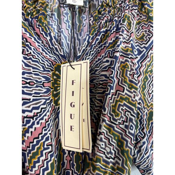 NWT Figue Cleo Silk Ruffle Neck Belted Mini Dress Medallion Multi Spruce Large - Picture 4 of 8